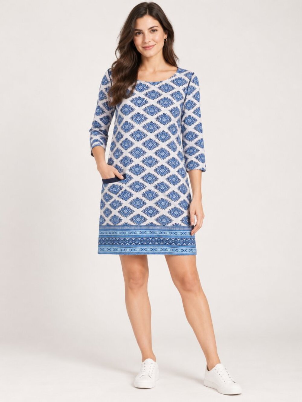 Cabana Life L Blue White Geometric 3/4 Sleeve Shift Dress Pocket Resort